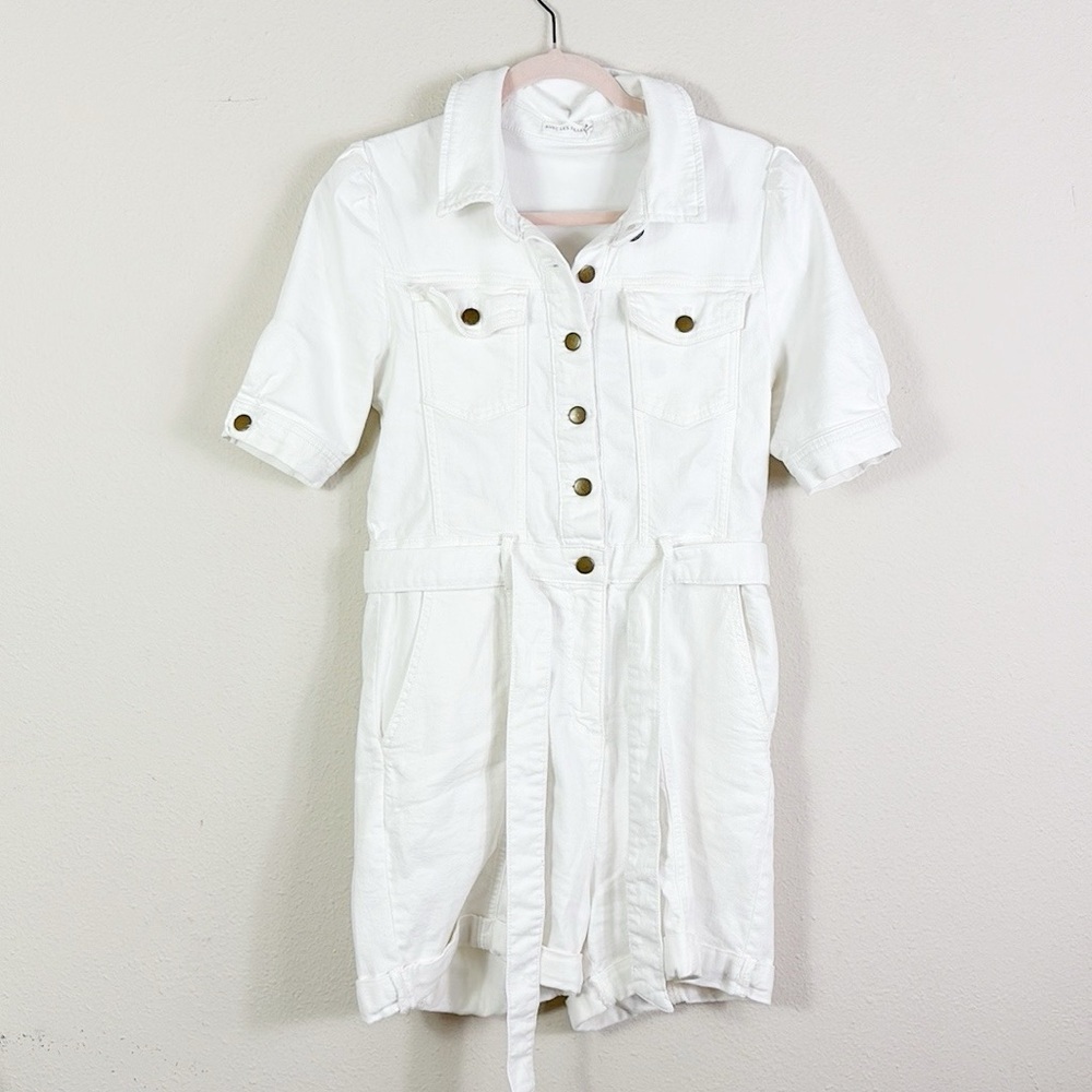 Avec Les Filles White Short-Sleeve Denim Romper
